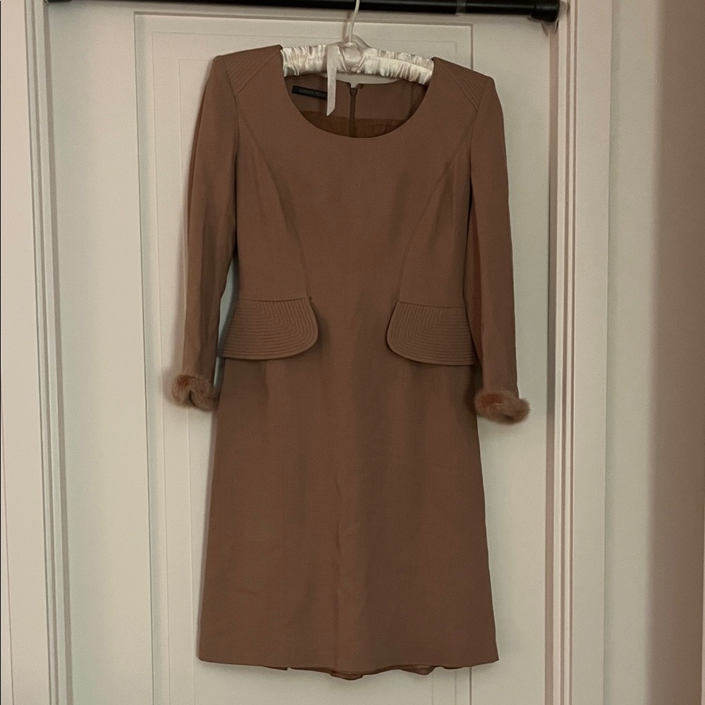 Alberta Ferretti Tan Long Sleeve Dress with mink Fur Trim - Picture 2 of 6